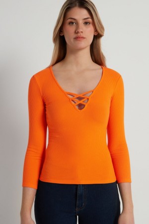 Dámské Svetry Tezenis Long-Sleeve Žebrovaný V-Neck with Criss-Cross Detail Oranžové | CZ-OZ0396741