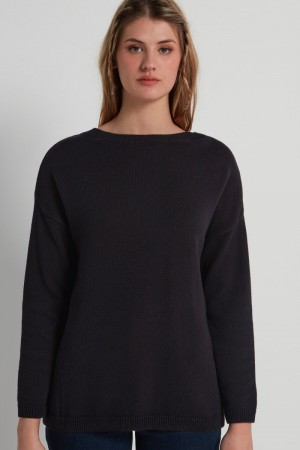 Dámské Svetry Tezenis Long Lodní-Neck in Fully-Fashioned Bavlněné Černé | CZ-UR6892345