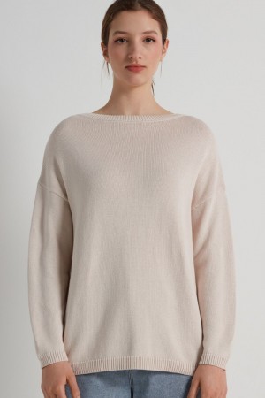 Dámské Svetry Tezenis Long Lodní-Neck in Fully-Fashioned Bavlněné Bílé Béžový | CZ-AR7102596