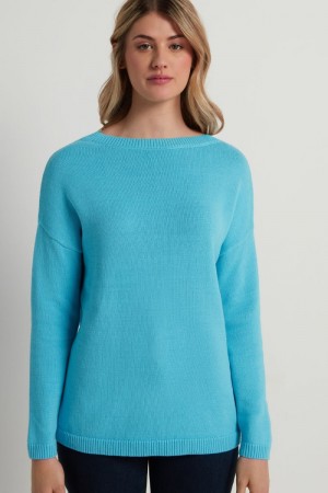 Dámské Svetry Tezenis Long Lodní-Neck in Fully-Fashioned Bavlněné Světle Blankyt | CZ-AN8621945