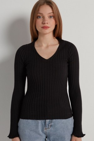 Dámské Svetry Tezenis Žebrovaný Long-Sleeve V-Neck Černé | CZ-DI2847960