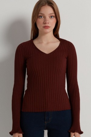 Dámské Svetry Tezenis Žebrovaný Long-Sleeve V-Neck Hnědé | CZ-EV4752386