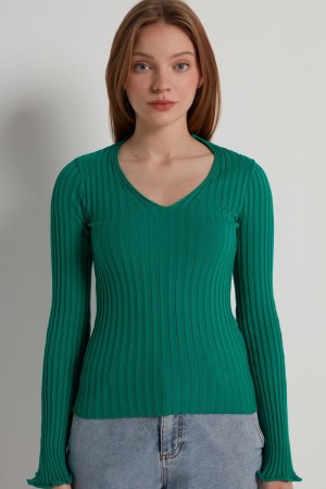 Dámské Svetry Tezenis Žebrovaný Long-Sleeve V-Neck Zelene | CZ-TR2947183