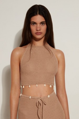 Dámské Tílko Tezenis Crocheted Cropped with Shells Béžový Béžový Hnědé | CZ-LM5093126