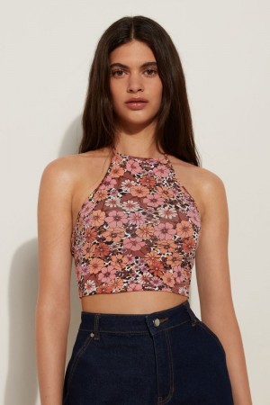 Dámské Tílko Tezenis Cropped Halter Top Floral Animal Print | CZ-HK3650219
