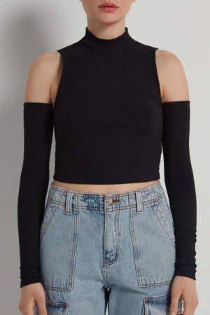 Dámské Tílko Tezenis Cropped Žebrovaný with Sleeves Černé | CZ-WS1906584