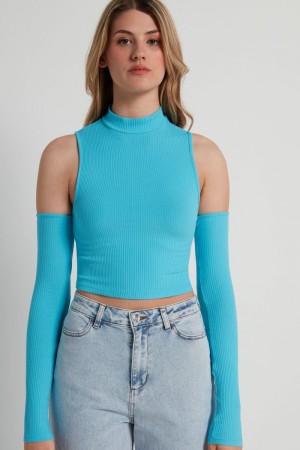 Dámské Tílko Tezenis Cropped Žebrovaný with Sleeves Světle Blankyt | CZ-EO1782604