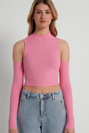 Dámské Tílko Tezenis Cropped Žebrovaný with Sleeves Růžové | CZ-ZH2083946