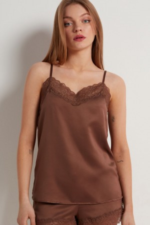 Dámské Tílko Tezenis Krajkové and Satin Hnědé | CZ-RU0836427