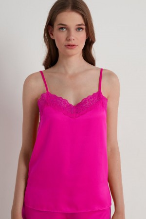 Dámské Tílko Tezenis Krajkové and Satin Růžové Fuchsie | CZ-FD6590312