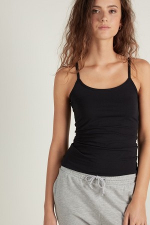 Dámské Tílko Tezenis Round-Neck Stretch Bavlněné Černé | CZ-JQ5497308