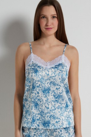 Dámské Tílko Tezenis Satin and Krajkové Světle Blankyt | CZ-JI7394026