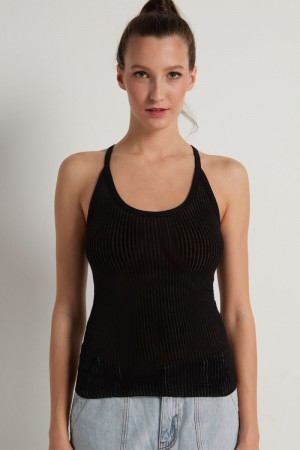 Dámské Tílko Tezenis Ultralight Žebrovaný Bavlněné Halter Černé | CZ-RB5398271