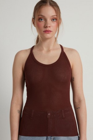 Dámské Tílko Tezenis Ultralight Žebrovaný Bavlněné Halter Hnědé | CZ-LE0126974