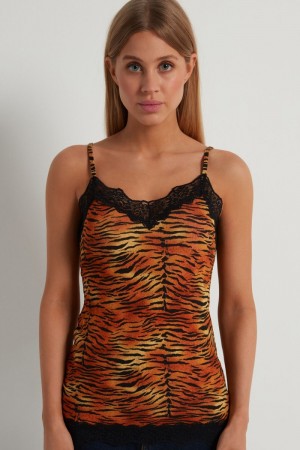 Dámské Tílko Tezenis V Neck with Krajkové Insert Tiger Print | CZ-TA2419508