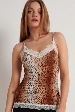 Dámské Tílko Tezenis V Neck with Krajkové Insert Vintage Animal Print | CZ-UM1695730