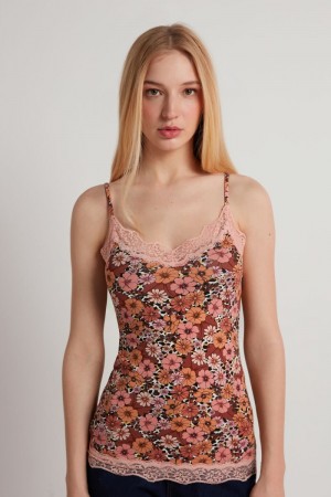 Dámské Tílko Tezenis V Neck with Krajkové Insert Floral Animal Print | CZ-AY3980254
