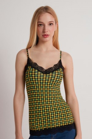 Dámské Tílko Tezenis V Neck with Krajkové Insert Černé | CZ-IS9145283