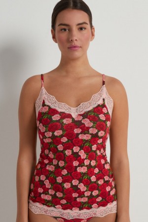 Dámské Tílko Tezenis V Neck with Krajkové Insert Červené Růžové | CZ-OG3152867