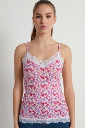Dámské Tílko Tezenis V Neck with Krajkové Insert Bílé Bílé Kytičkované | CZ-ZS6319840
