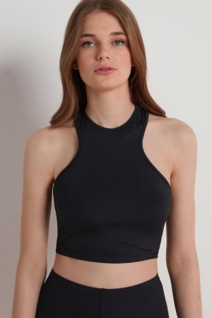 Dámské Tílko Tezenis Žebrovaný Bavlněné Cropped Racerback Černé | CZ-YZ0583619