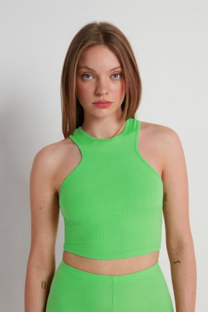 Dámské Tílko Tezenis Žebrovaný Bavlněné Cropped Racerback Zelene | CZ-IG3268109