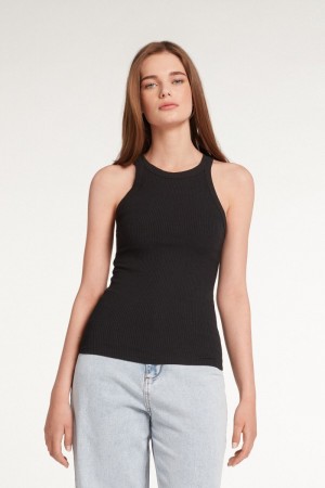 Dámské Tílko Tezenis Žebrovaný Bavlněné Racerback Černé | CZ-QS3846209
