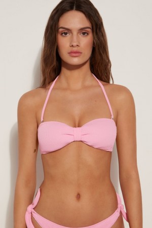 Dámské Topy Do Bikin Tezenis 3D Effect Removable Padding Bandeau Růžové | CZ-OS6358214