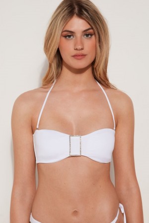 Dámské Topy Do Bikin Tezenis Crystal Přezkou Removable Padding Bandeau Bílé | CZ-IK4517802