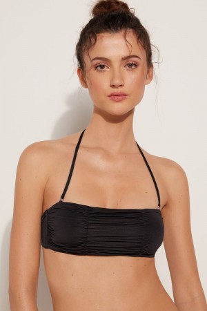 Dámské Topy Do Bikin Tezenis Gathered Recycled Microfiber Bandeau with Removable Padding Černé | CZ-ED2435817