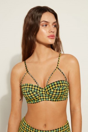 Dámské Topy Do Bikin Tezenis Houndstooth Polstrovaný Bandeau Černé | CZ-CM9852137