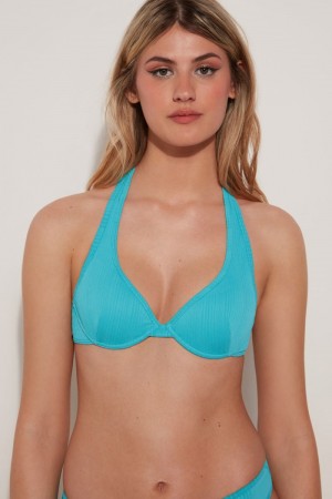 Dámské Topy Do Bikin Tezenis Turquoise Žebrovaný Recycled Microfiber Push-Up Blankyt | CZ-MP0384765