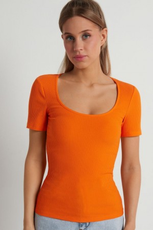 Dámské Tričko Tezenis Basic Rib Bavlněné Scoop Neck Oranžové | CZ-NA4760953