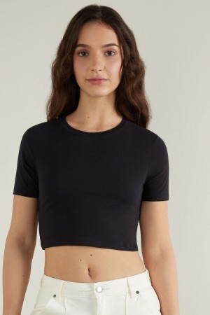 Dámské Tričko Tezenis Bavlněné Cropped Crew-Neck Černé | CZ-AD5718046