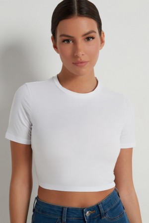Dámské Tričko Tezenis Bavlněné Cropped Crew-Neck Bílé | CZ-CL5246973