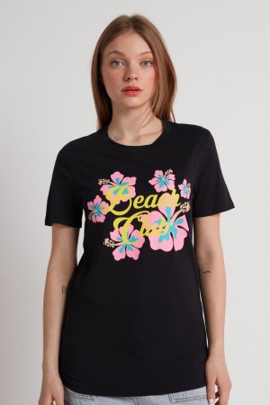 Dámské Tričko Tezenis Bavlněné Printed Černé | CZ-DE4613527