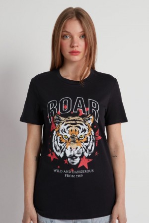 Dámské Tričko Tezenis Bavlněné Printed Černé | CZ-HU7210435