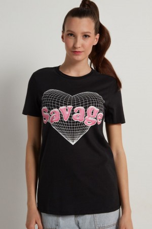 Dámské Tričko Tezenis Bavlněné Printed Černé | CZ-ZQ2547691