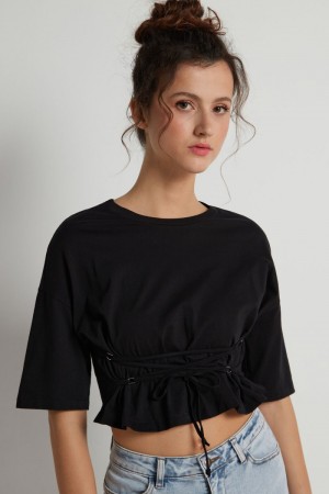Dámské Tričko Tezenis Boxy Bavlněné with Lacing Černé | CZ-GI3024691