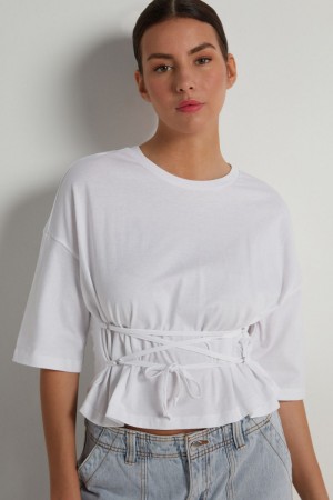 Dámské Tričko Tezenis Boxy Bavlněné with Lacing Bílé | CZ-ZI6927580