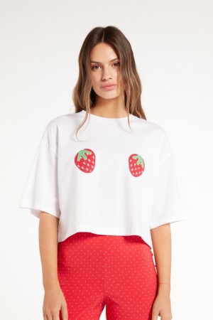 Dámské Tričko Tezenis Cropped with Strawberry Patch Bílé | CZ-YS4682039