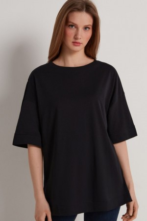 Dámské Tričko Tezenis Dropped Shoulder Bavlněné with Vents Černé | CZ-OR9087342
