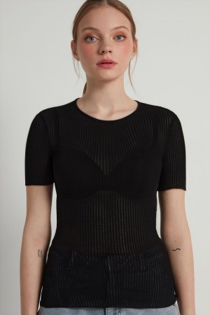 Dámské Tričko Tezenis Krátké-Sleeve Crew-Neck Ultralight Žebrovaný Bavlněné Top Černé | CZ-HN8791064