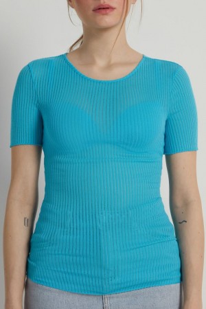 Dámské Tričko Tezenis Krátké-Sleeve Crew-Neck Ultralight Žebrovaný Bavlněné Top Světle Blankyt | CZ-ES2756419