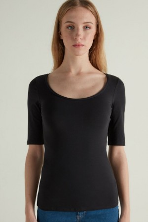 Dámské Tričko Tezenis Krátké-Sleeve Scoop-Neck Top in Bavlněné Černé | CZ-FH6150823