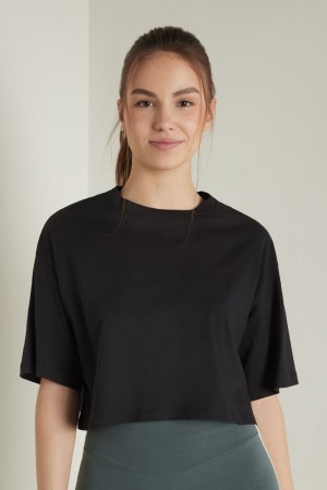 Dámské Tričko Tezenis Krátké Half-Sleeve Drop-Shoulder Bavlněné Černé | CZ-BN5483207
