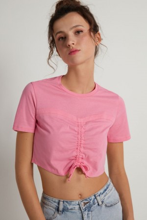 Dámské Tričko Tezenis Ruched Bavlněné Růžové | CZ-OP7128659