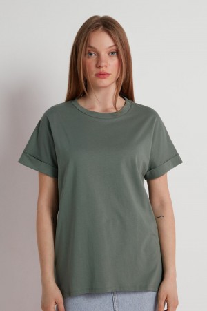 Dámské Tričko Tezenis Turned-Up Kimono Sleeve Bavlněné Zelene | CZ-GQ9706123