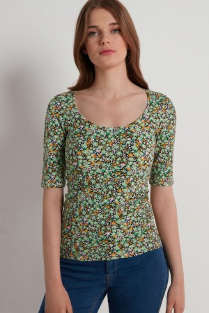 Dámské Tričko Tezenis Široké Neck Krátké Sleeve Printed Bavlněné Top Kytičkované | CZ-HZ0629834