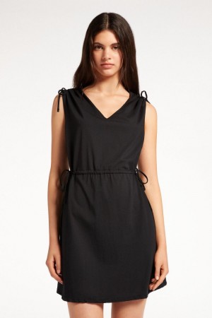 Dámské Šaty Tezenis Bavlněné Mini with Drawstring and Gathering Černé | CZ-EC0316584
